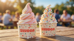 Two soft-serve ice creams in Swoon-branded cups at an outdoor picnic