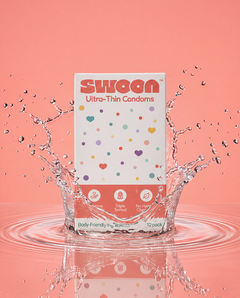 Swoon Ultra-Thin Condoms box landing in a splash of water
